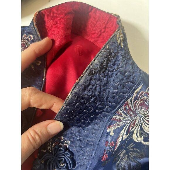 Vintage Chinese Embroidered Flowers Blue Red Reversible Short Jacket Robe L.  Ff - Picture 5 of 5